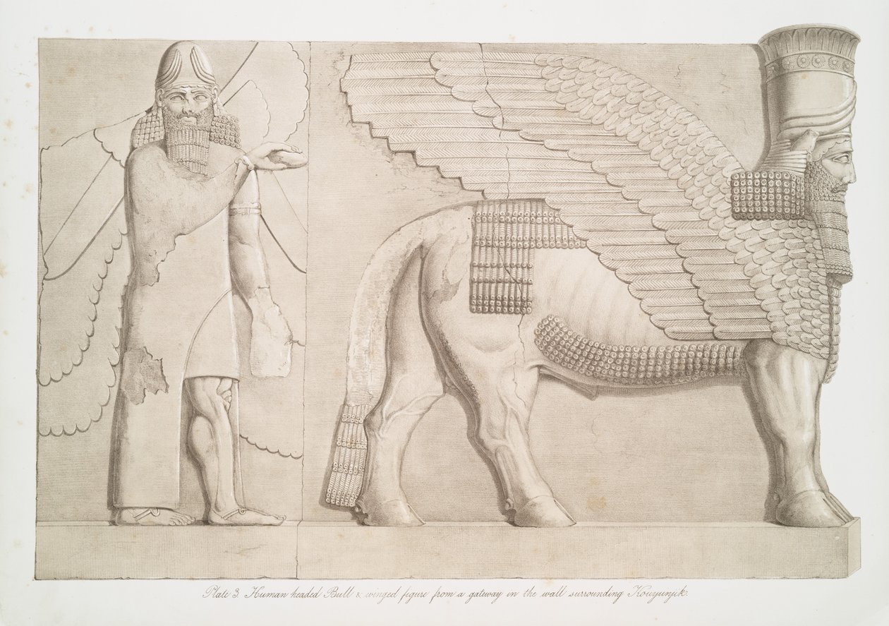 Toro con cabeza humana y figura alada de una puerta en el muro que rodea Kouyunjik [Quyunjik], 1853 de Austen Henry Layard
