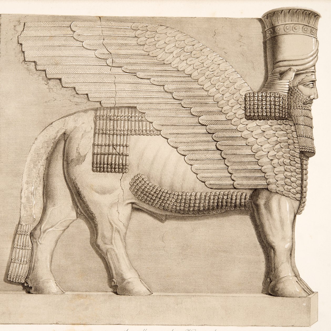 Toro con cabeza humana y figura alada de una puerta en la muralla que rodea Kouyunjik, de Monumentos de Nínive, pub. 1849 de Austen Henry Layard