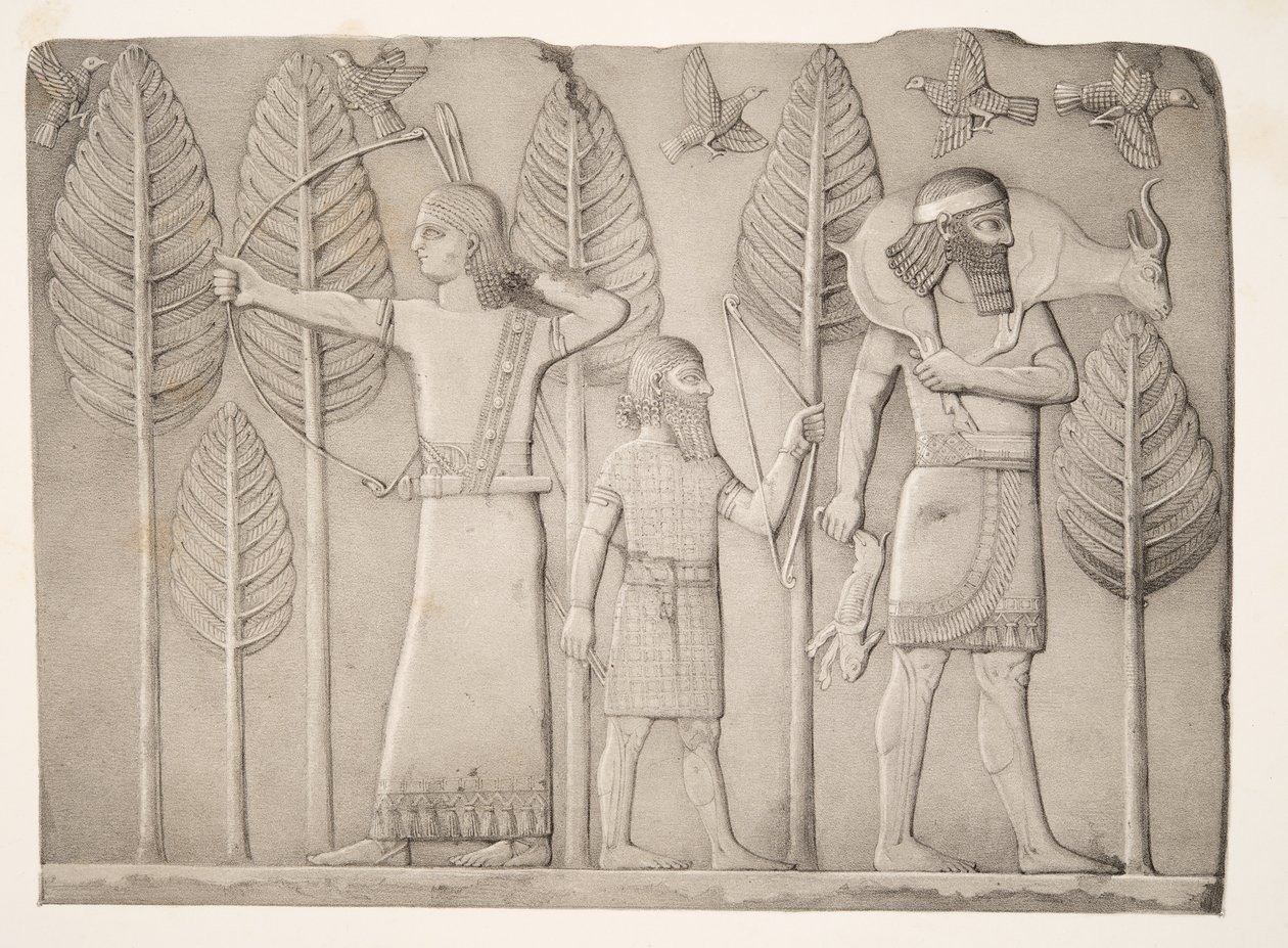 Cazadores con gacela, liebre y aves (Khorsabad), de Monumentos de Nínive, pub. 1849 de Austen Henry Layard