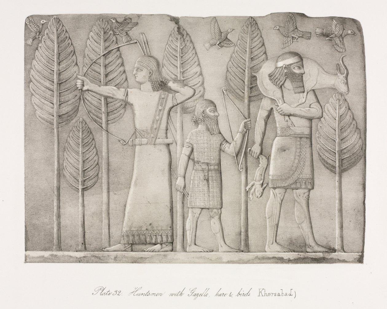 Monumentos de Nínive: Lámina 32, Cazadores con gacela, liebre y aves (Khorsabad) de Austen Henry Layard