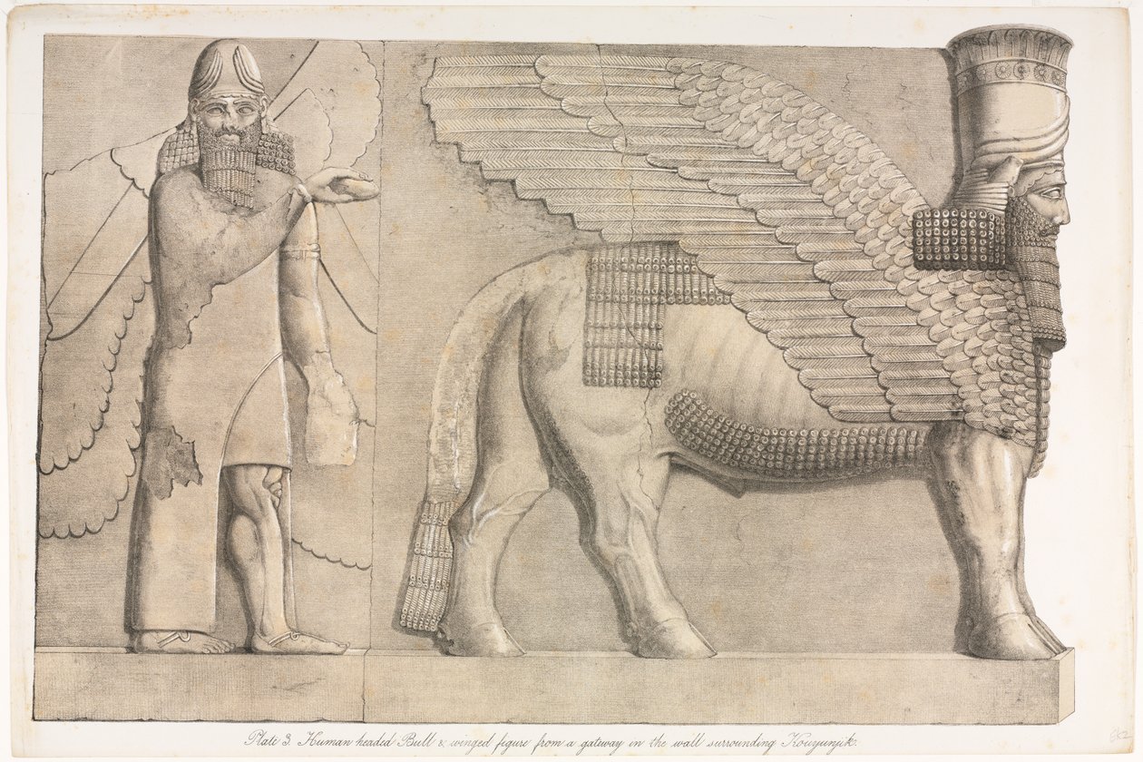 Monumentos de Nínive: lámina 3, toro con cabeza humana y figura alada de una entrada en el muro que rodea a Kouyunjik (Quyunjik) de Austen Henry Layard