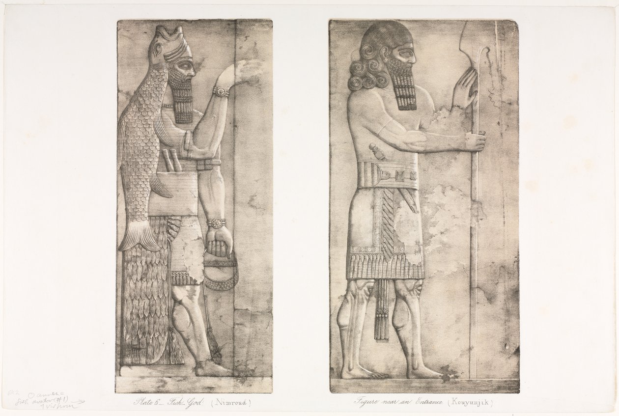 Monumentos de Nínive: Lámina 6, Dios-pez (Nimroud); Figura cerca de una entrada (Kouyunjik) de Austen Henry Layard