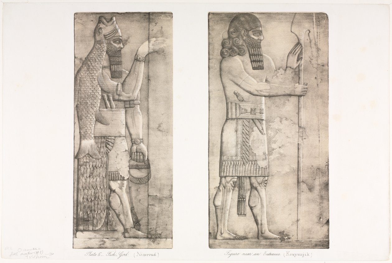 Monumentos de Nínive: Placa 6, Dios-pez Nimroud, figura cerca de una entrada Kouyunjik, 1853 de Austen Henry Layard