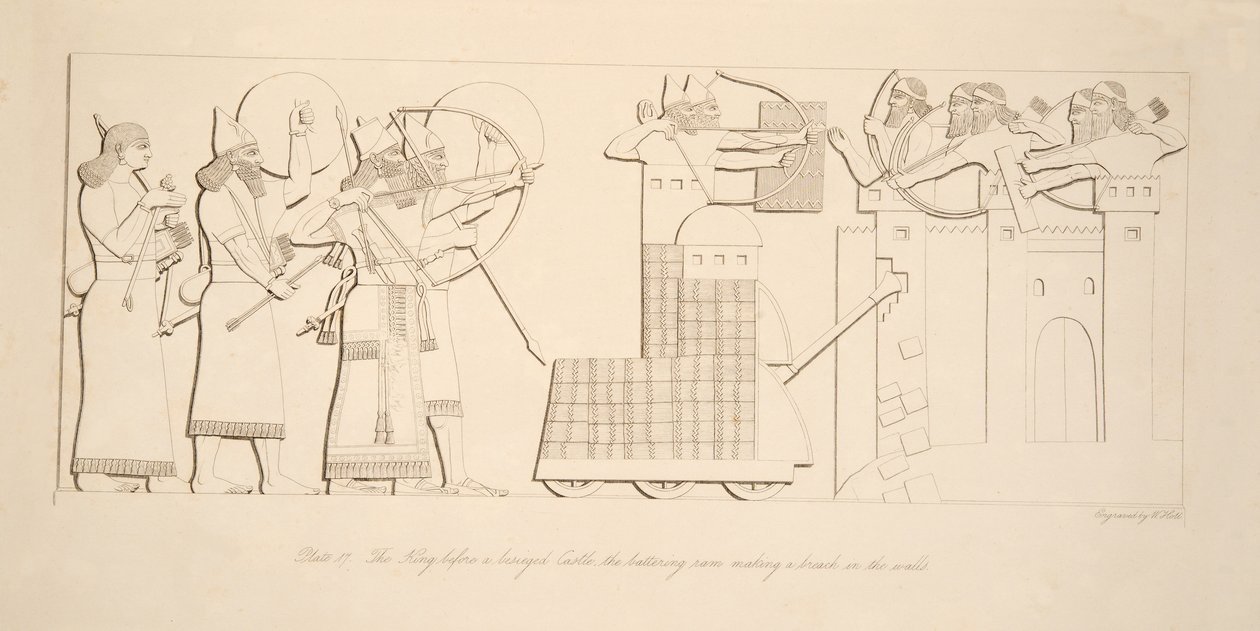 El rey ante un castillo sitiado, el ariete haciendo una brecha en las murallas, de Monumentos de Nínive, pub. 1849 de Austen Henry Layard