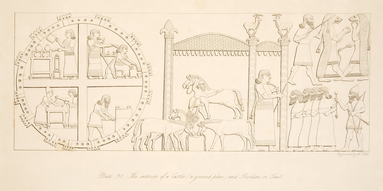 El interior de un castillo (un plano) y pabellón o tienda, de Monumentos de Nínive, pub. 1849 de Austen Henry Layard