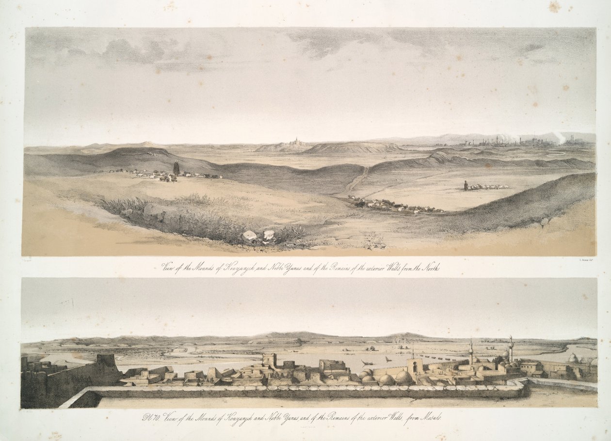 Vista de los montículos de Kouyunjik [Quyunjik] y Nebbi Yunus, y de los restos de las murallas exteriores, desde Mosul de Austen Henry Layard