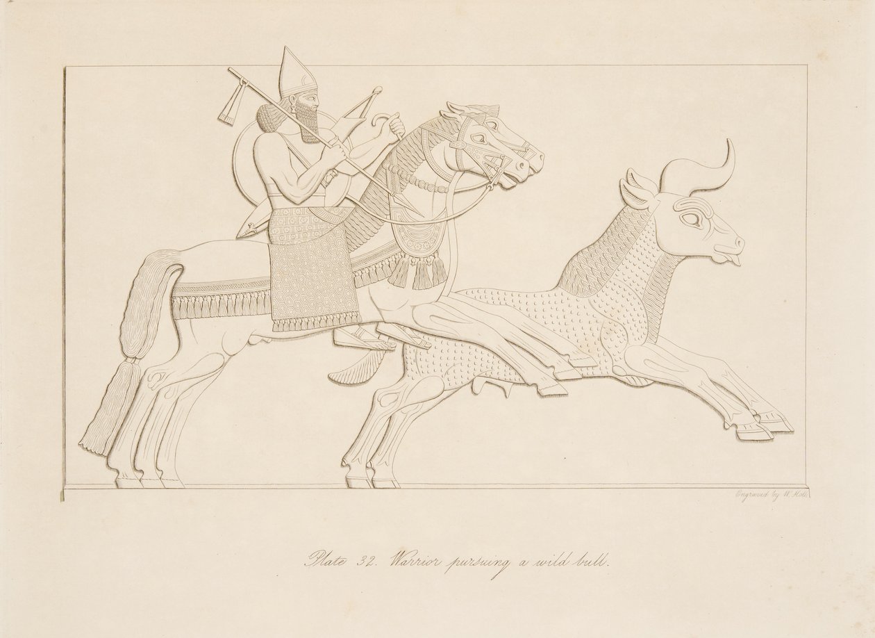 Guerrero persiguiendo un toro salvaje, de Monumentos de Nínive, pub. 1849 de Austen Henry Layard