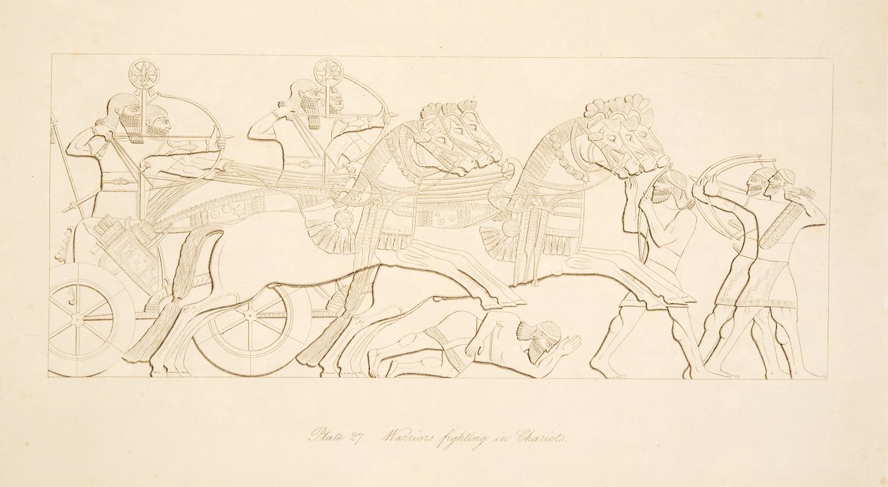 Guerreros luchando en carros, de Monumentos de Nínive, pub. 1849 de Austen Henry Layard