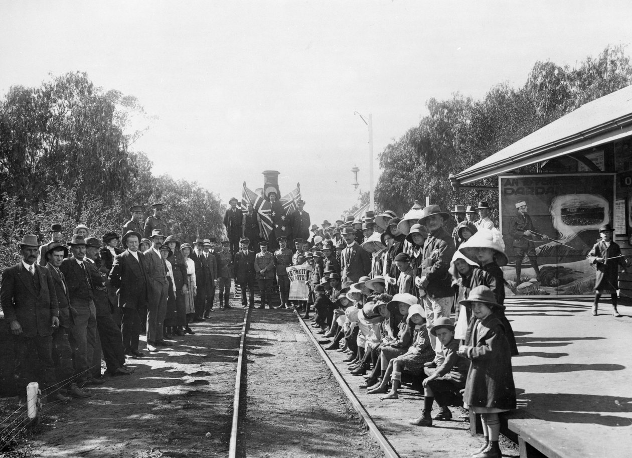 Un tren de reclutamiento en gira en la estación de tren con algunos ciudadanos del pueblo (Donante Comité de Reclutamiento de Queensland), Wallumbilla, Queensland, c.1916 de Australian Photographer