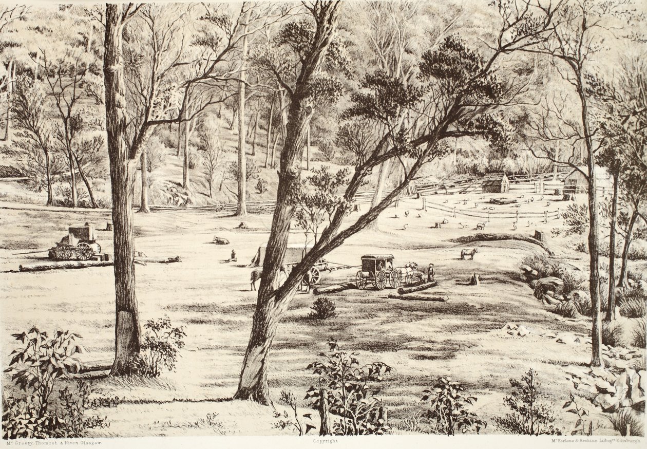 Cabaña de Selectores Libres, de La Historia de Australasia por David Blair, McGrady, Thomson y Niven, 1879 de Australian School