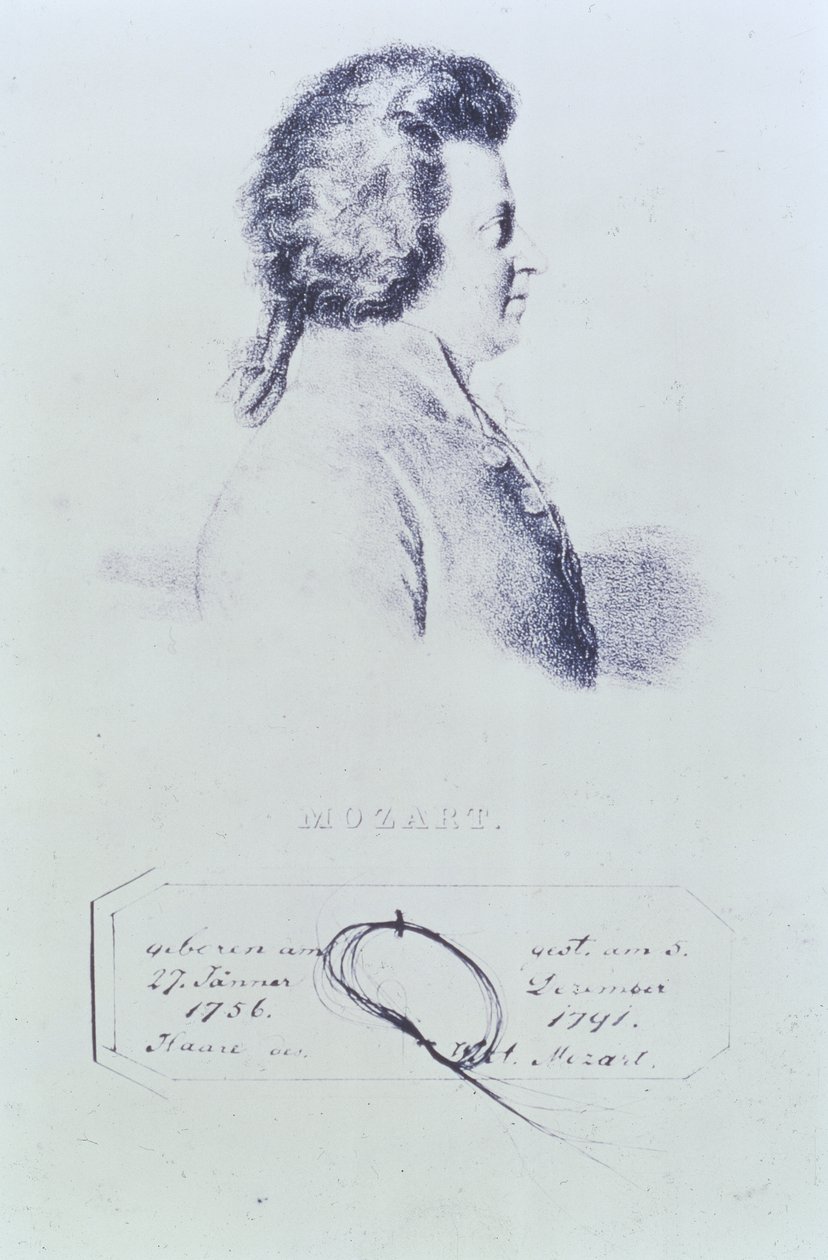 Retrato de Wolfgang Amadeus Mozart (1756-91) con un mechón de su cabello adjunto abajo de Austrian School