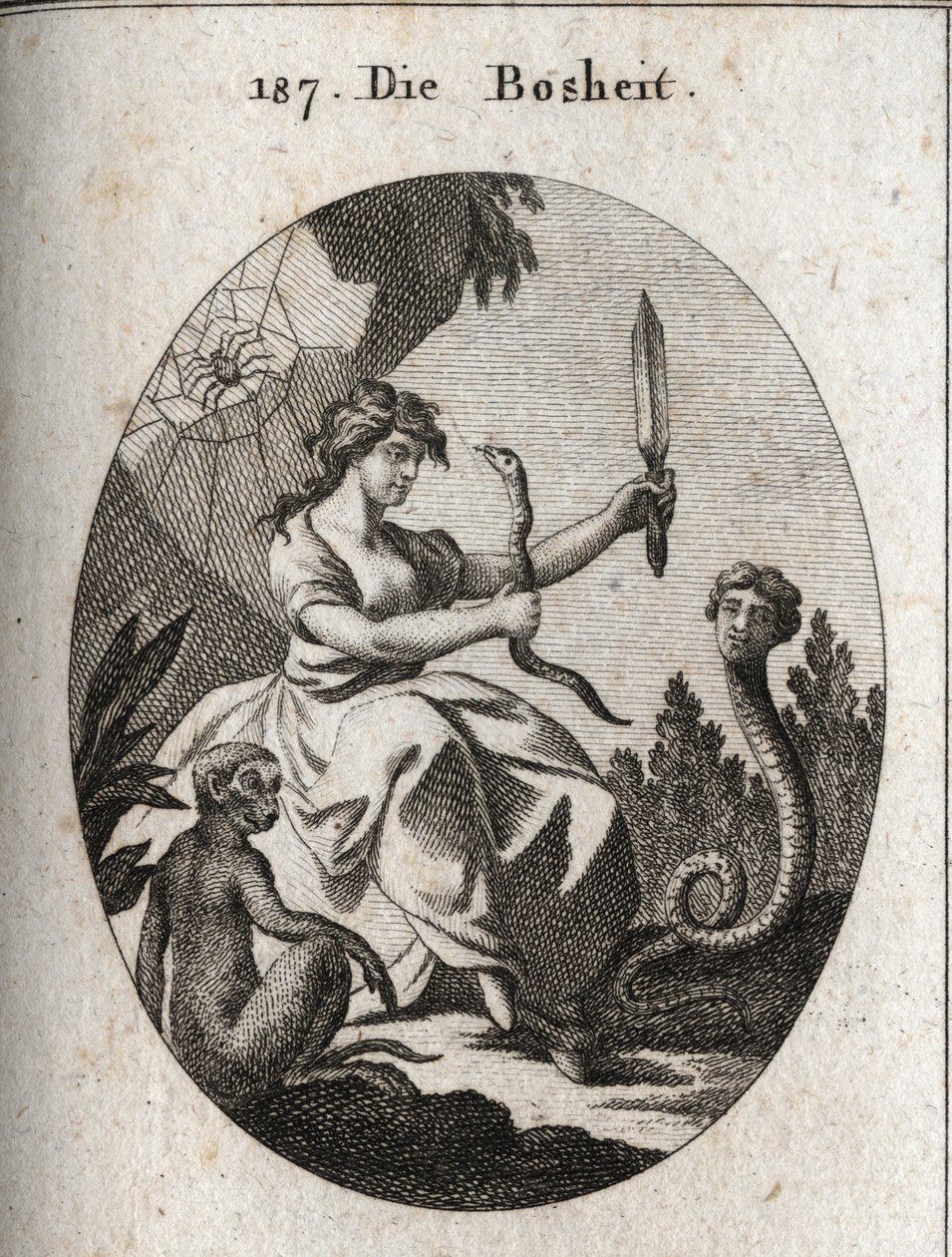 Alegoría de la maldad. Ella parece feliz con un áspid y un puñal. Sus atributos son la serpiente con cara humana que desea el fraude, el mono que es el emblema de la malicia y la araña que alude a trampas. Grabado en “Iconologie oder Ideen aus dem Gebiete  de Austrian School
