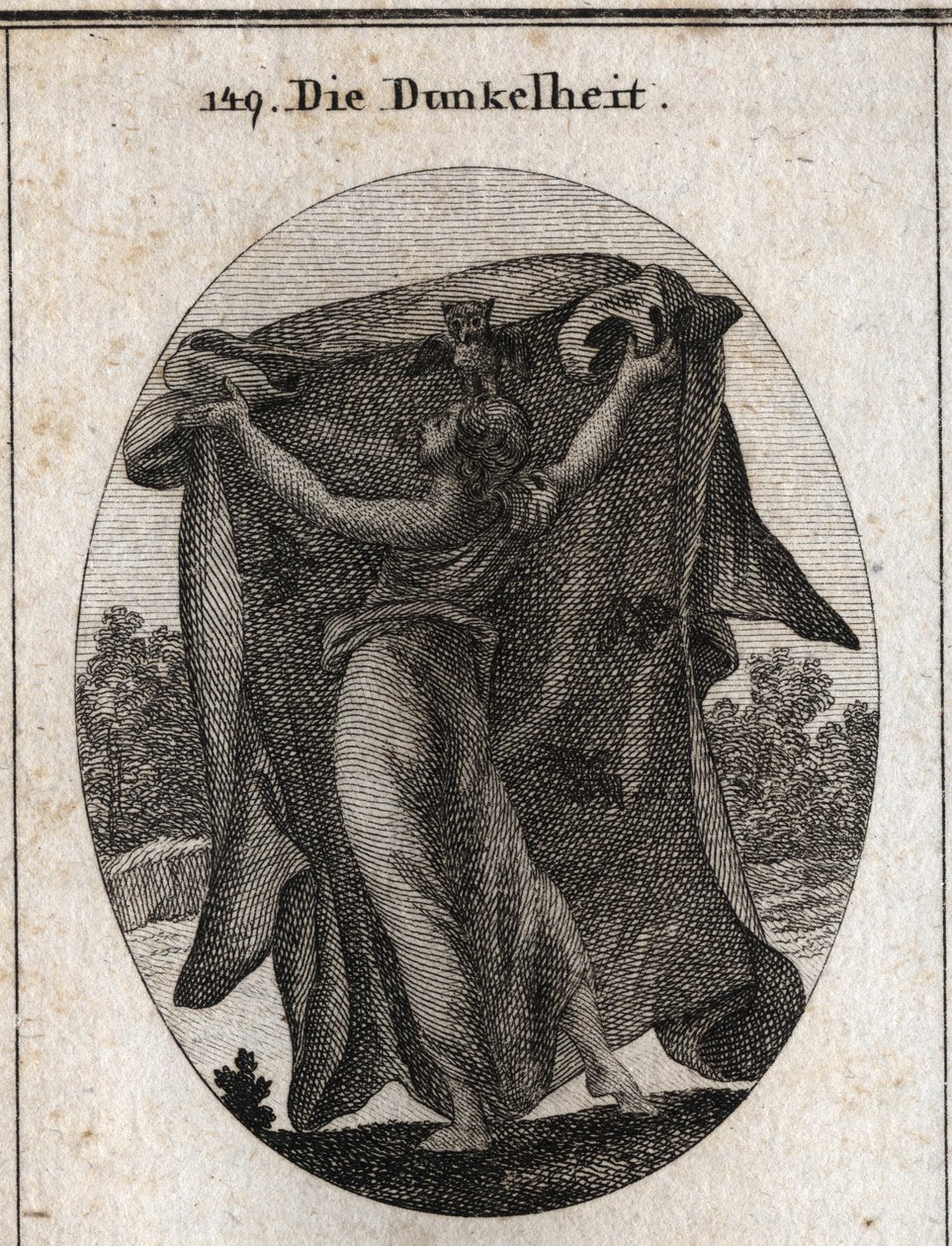 Alegoría de la oscuridad. Extiende un velo oscuro con el que impide la penetración de la luz. Sus atributos son el búho y otras aves nocturnas. Grabado en “Iconologie oder Ideen aus dem Gebiete der Leidenschaften und Allegorien bildich dargestellt fur Zeic de Austrian School