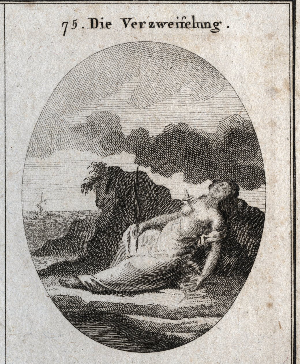 Alegoría de la desesperación con un puñal en el pecho y una rama de ciprés en la mano (árbol que una vez adornó las tumbas). La brújula de brisa es el emblema del desorden del pensamiento. Grabado en "Iconologie oder Ideen aus dem Gebiete der Leidenschafte de Austrian School