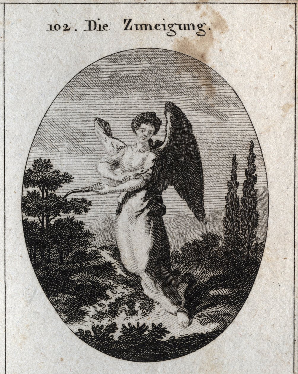Alegoría del afecto o la bondad. Su atributo es el lagarto, símbolo de su bondad y afecto natural por los hombres. Grabado en "Iconologie oder Ideen aus dem Gebiete der Leidenschaften und Allegorien" de Austrian School