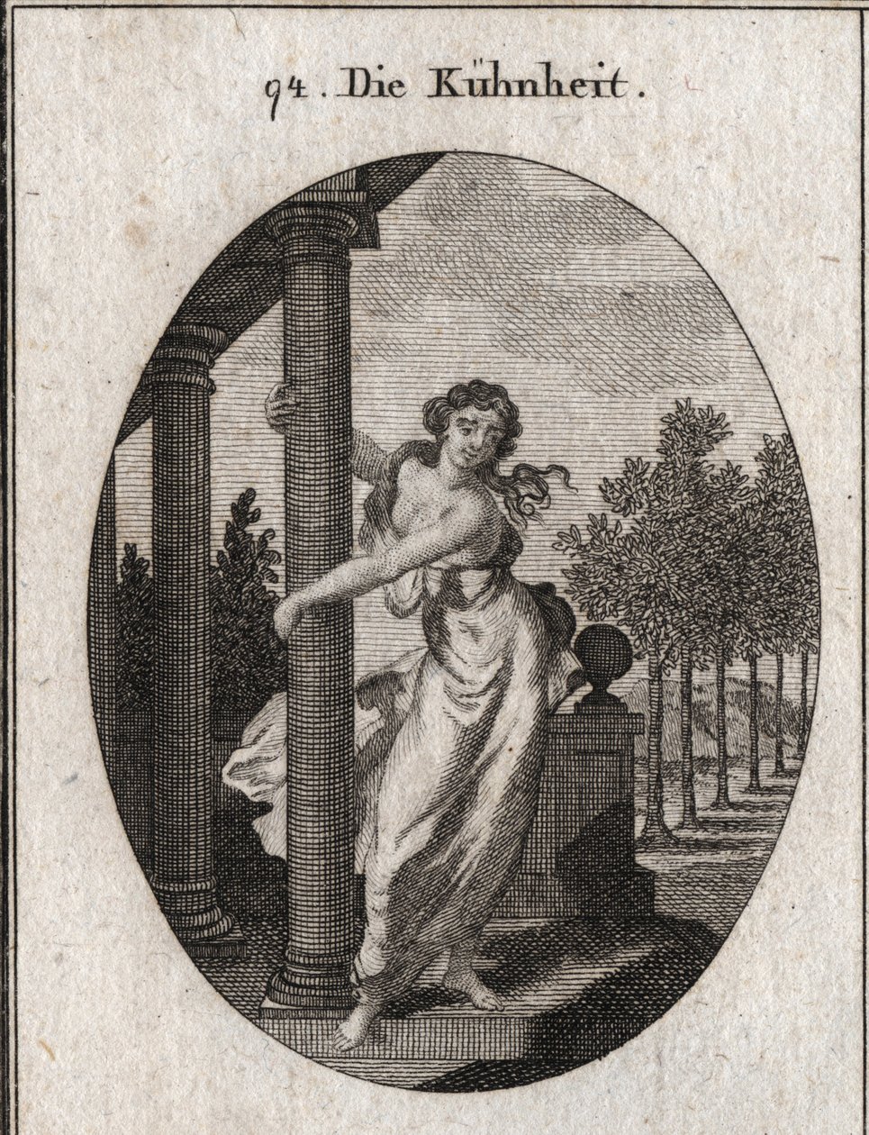 Alegoría de la audacia que abraza una columna que sostiene un edificio, mientras intenta derribarlo; Grabado en “Iconologie oder Ideen aus dem Gebiete der Leidenschaften und Allegorien bildich dargestellt fur Zeichner, Mahler, Dichter, Gelehrte, Erzieher de Austrian School