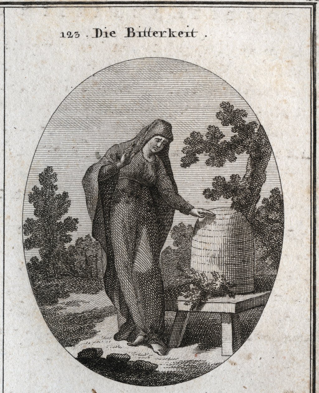 Alegoría de la amargura. Ella mira tristemente una planta de ajenjo que germinó en una colmena de miel. Grabado en “Iconologie oder Ideen aus dem Gebiete der Leidenschaften und Allegorien bildich dargestellt fur Zeichner, Mahler, Dichter, Gelehrte, Erziehe de Austrian School