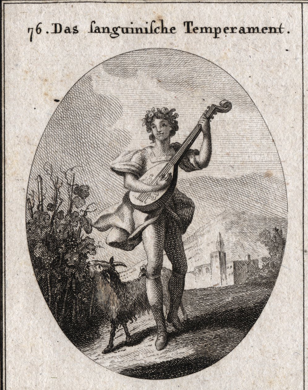 Alegoría del temperamento sanguíneo. La cabra que come uvas muestra que la sangre se lleva a los placeres del amor y Baco. Grabado en "Iconologie oder Ideen aus dem Gebiete der Leidenschaften und Allegorien" de Austrian School