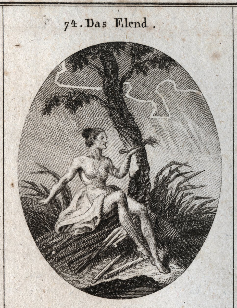 Alegoría de la calamidad. Ella se sienta en brisas cuya fragilidad es la imagen de la inestabilidad de la fortuna y las miserias de la vida. Grabado en "Iconologie oder Ideen aus dem Gebiete der Leidenschaften und Allegorien bildich dargestellt fur Zeichne de Austrian School