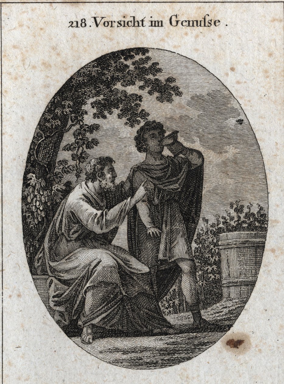 Alegoría de la precaución mientras disfruta. Un filósofo nos advierte que la vid produce tres tipos de uvas: la del placer, la de la embriaguez y la del dolor y la locura. Grabado en "Iconologie oder Ideen aus dem Gebiete der Leidenschaften und Allegorien" de Austrian School