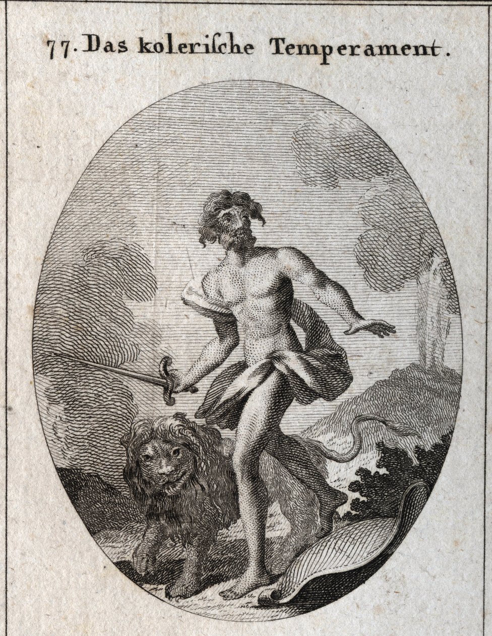 Alegoría del temperamento colérico. Él sostiene una espada para atacar y acaba de arrojar su escudo olvidando defenderse. Su atributo es un león amenazante. Grabado en "Iconologie oder Ideen aus dem Gebiete der Leidenschaften und Allegorien bildich dargest de Austrian School