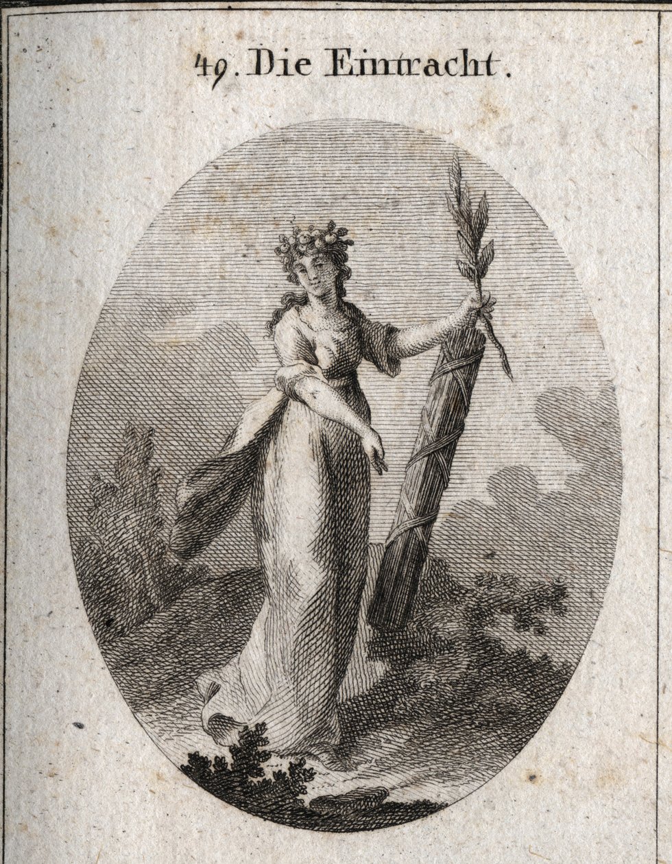 Alegoría de la concordia representada con una corona de granadas, emblema de la unión. La rama de olivo y un símbolo de paz y el haz de varas fuertemente atadas marcan el poder de las fuerzas unidas. Grabado en “Iconologie oder Ideen aus dem Gebiete der Le de Austrian School