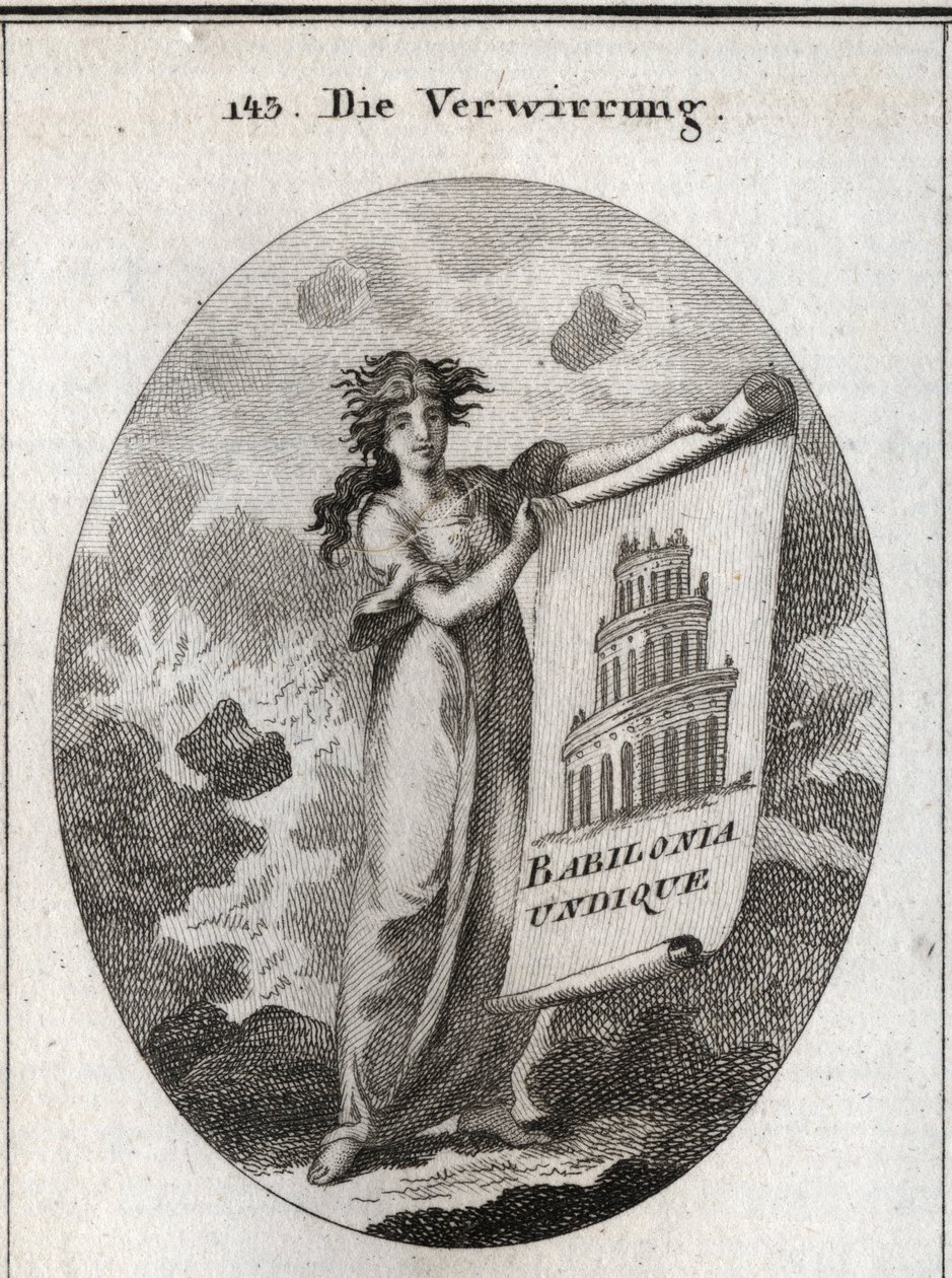 Alegoría de la confusión sosteniendo un dibujo que representa la Torre de Babel con la palabra "Babylonia Undique". El fondo representa el caos y su cabello no encaja con la inestabilidad de sus fantasías. Grabado en "Iconologie oder Ideen aus dem Gebiete  de Austrian School