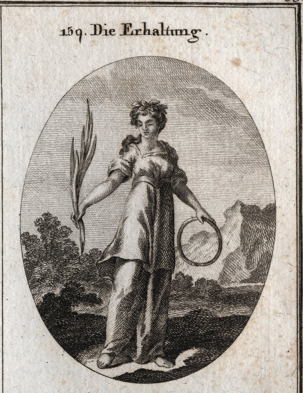 Alegoría de la conservación. La rama de cedro es incorruptible pero también es el emblema de la conservación y el círculo el de la sucesión continua. Ella lleva una corona de plantas aromáticas que los egipcios usaban para preservar a los muertos. Grabado  de Austrian School