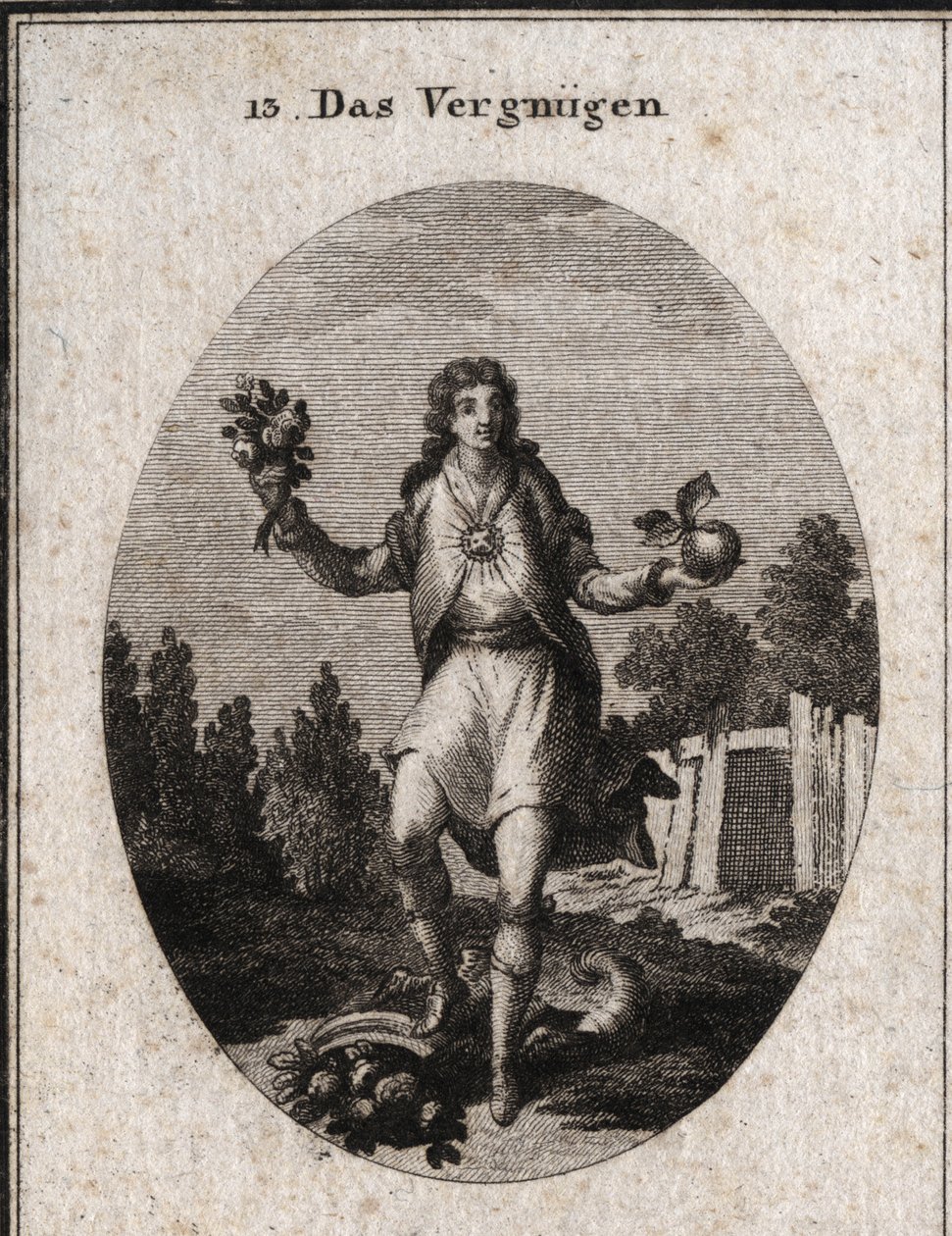 Alegoría del contento representada por un joven sosteniendo una manzana dorada con una mano y un ramo de flores con la otra. Muestran que todo lo que lo rodea participa en su alegría, que está simbolizada por el rubí que irradia en su pecho. Su atributo es de Austrian School