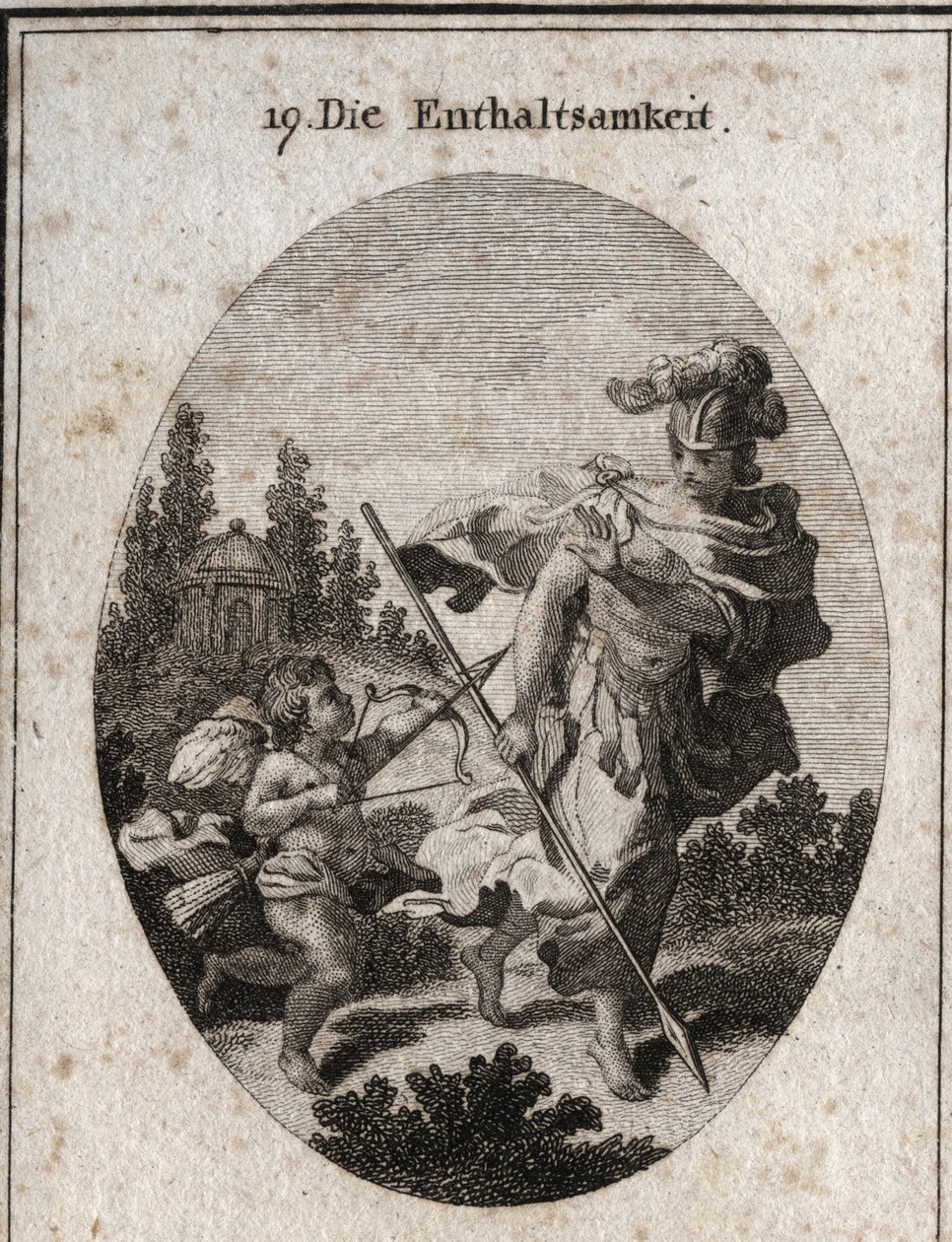 Alegoría de la continencia, virtud heroica representada como una guerrera con un casco y una lanza dirigida hacia la tierra. Ella evita luchar contra las pasiones (representadas por el amor) y se defiende de sus atracciones para preservar su castidad. Grab de Austrian School