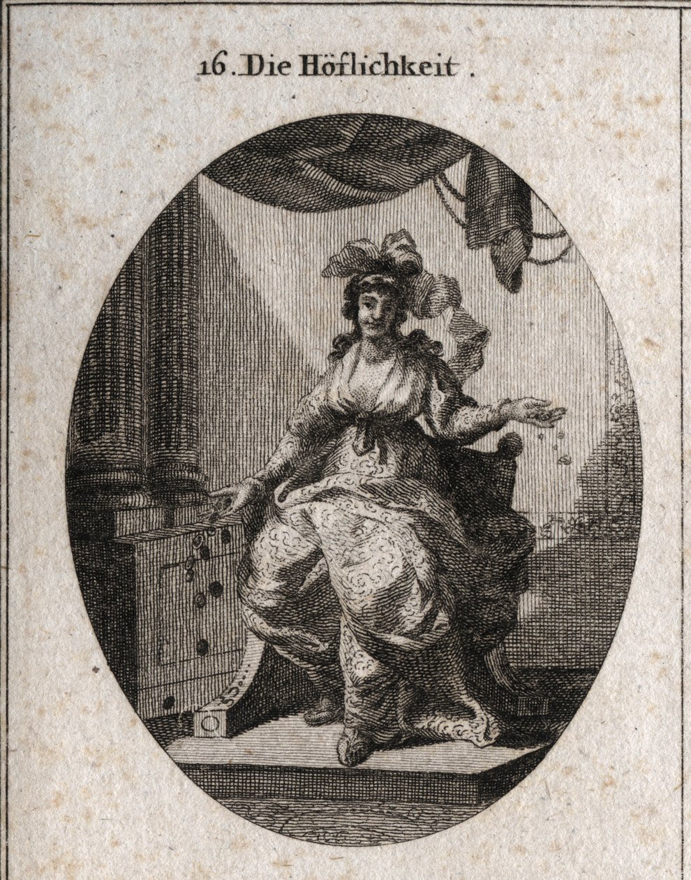 Alegoría de la cortesía representada por una mujer rica, graciosa y sonriente que reparte dinero y joyas. Grabado en “Iconologie oder Ideen aus dem Gebiete der Leidenschaften und Allegorien bildich dargestellt fur Zeichner, Mahler, Dichter, Gelehrte, Er de Austrian School
