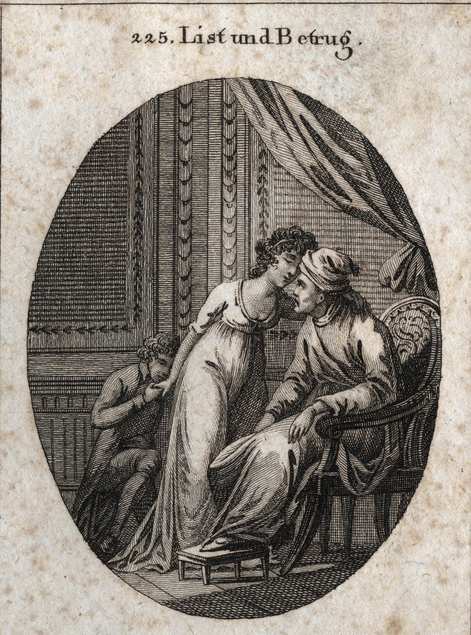 Alegoría de la astucia y el engaño. Expresión: Quien te da más caricias de lo habitual, es señal de que te ha engañado o quiere engañarte. Grabado en “Iconologie oder Ideen aus dem Gebiete der Leidenschaften und Allegorien bildich de Austrian School