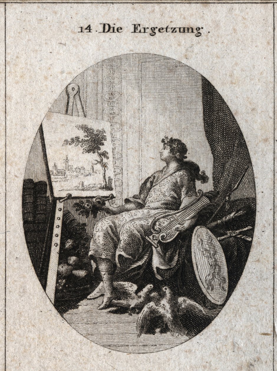 Alegoría de la delectación representada por un joven sosteniendo una lira cerca de una pintura con frutas, libros, armas y dos palomas que se acarician, todo simbolizando el encanto de los sentidos. Grabado en "Iconologie oder Ideen aus dem Gebiete der Lei de Austrian School