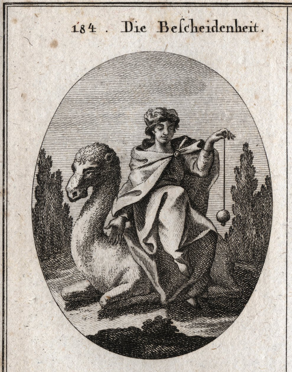 Alegoría de la discreción. El plomo que sostiene perpendicular es el atributo de la corrección. Ella se sienta en un camello arrodillado para facilitar su paseo. Grabado en Iconologie oder Ideen aus dem Gebiete der Leidenschaften und Allegorien bildich dar de Austrian School