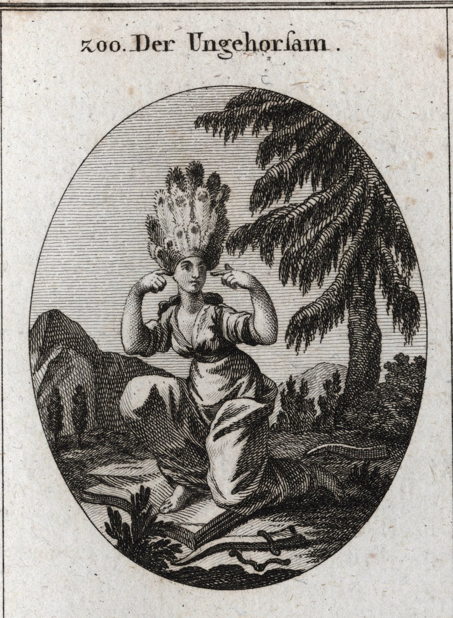 Alegoría de la desobediencia. El libro de la vergüenza marca su desprecio por las leyes y preceptos que domina pisoteando el freno y el yugo. Ella se tapa los oídos para no escuchar reprimendas. Su cabello es de plumas de pavo real. Grabado en “Iconologie  de Austrian School