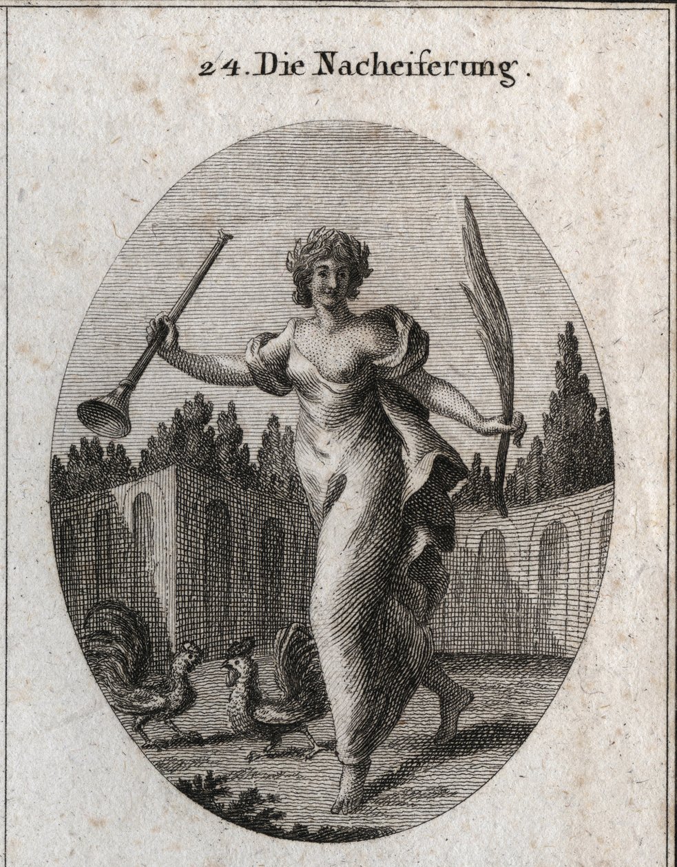 Alegoría de la emulación. La trompeta y la palma simbolizan la recompensa atribuida al mérito. Los atributos son dos gallos listos para pelear. Grabado en “Iconologie oder Ideen aus dem Gebiete der Leidenschaften und Allegorien bildich dargestellt fur Zeic de Austrian School