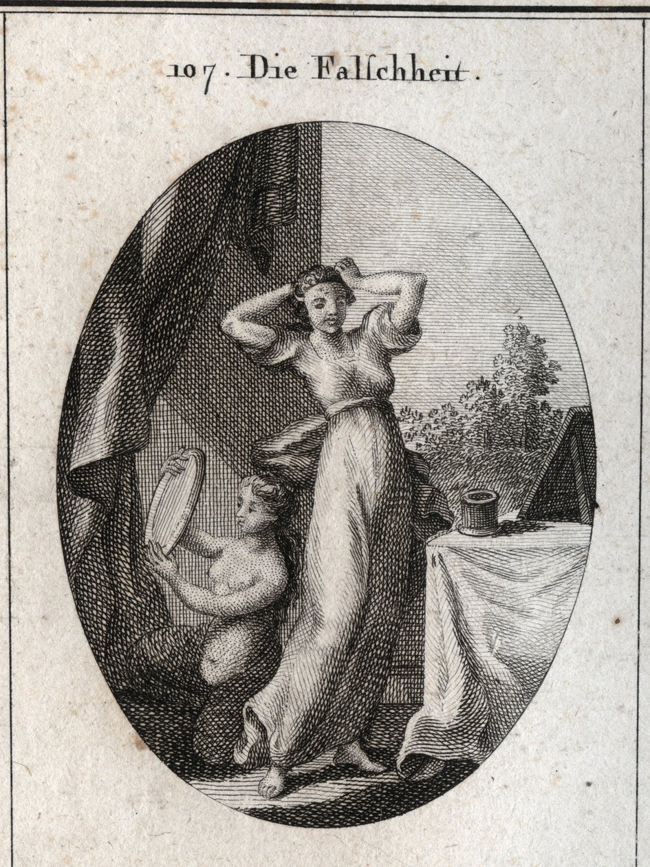 Alegoría de la falsedad. Su emblema es una sirena mirándose en un espejo. Grabado en “Iconologie oder Ideen aus dem Gebiete der Leidenschaften und Allegorien bildich dargestellt fur Zeichner, Mahler, Dichter, Gelehrte, Erzieher und freunde Hoherer G”. de Austrian School