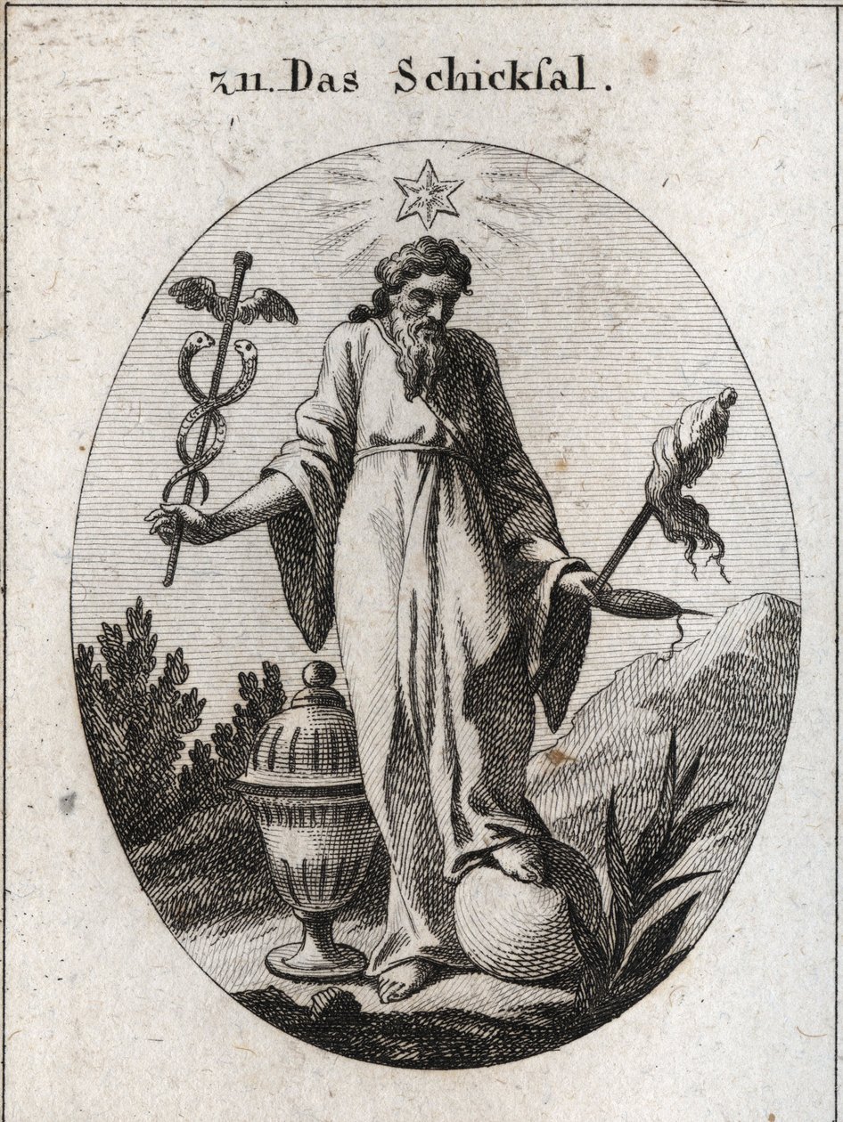Alegoría del destino. Una estrella sobre ella proyecta informes de astrología sobre incidentes de la vida humana. Sostiene con una mano un símbolo de su poder y con la otra un junco y un huso cuyo hilo roto indica la fragilidad de la vida. La tierra de Austrian School