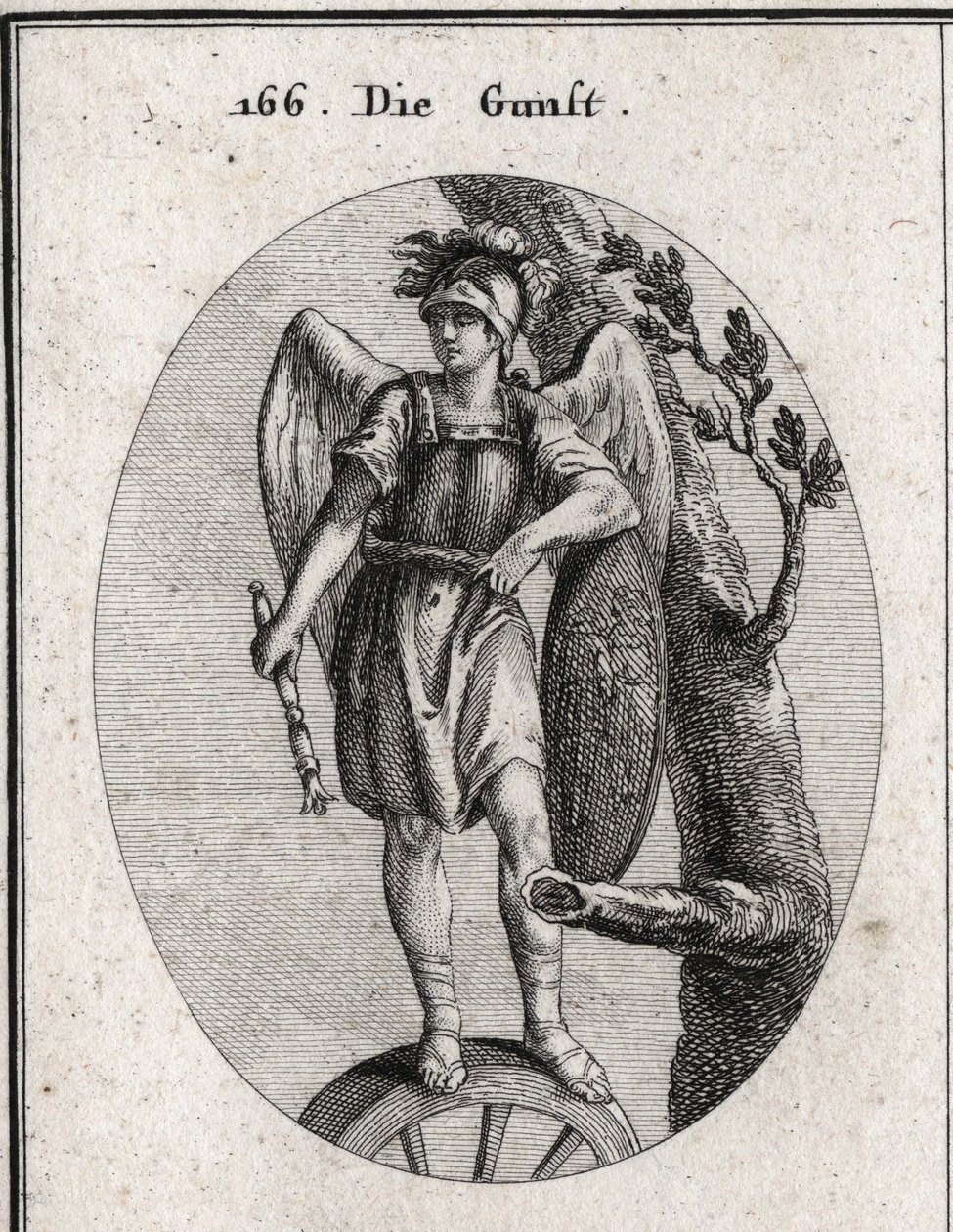 Alegoría del favor derivado de la virtud simbolizado por la armadura y las alas, de la fortuna representada por la rueda y el azar representado por el escudo en el que se ilustra la aventura de Arion. El cetro cae hacia la tierra como signo de los reyes de de Austrian School
