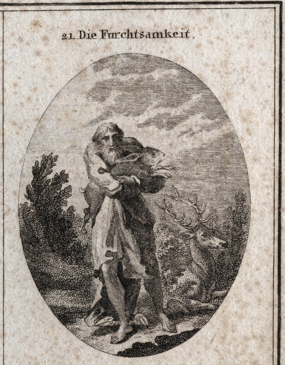 Alegoría del miedo en la figura de un anciano con alas en los pies propicias para escapar. Sus atributos son la liebre y el ciervo. Grabado en “Iconologie oder Ideen aus dem Gebiete der Leidenschaften und Allegorien bildich dargestellt fur Zeichner, Mahler de Austrian School