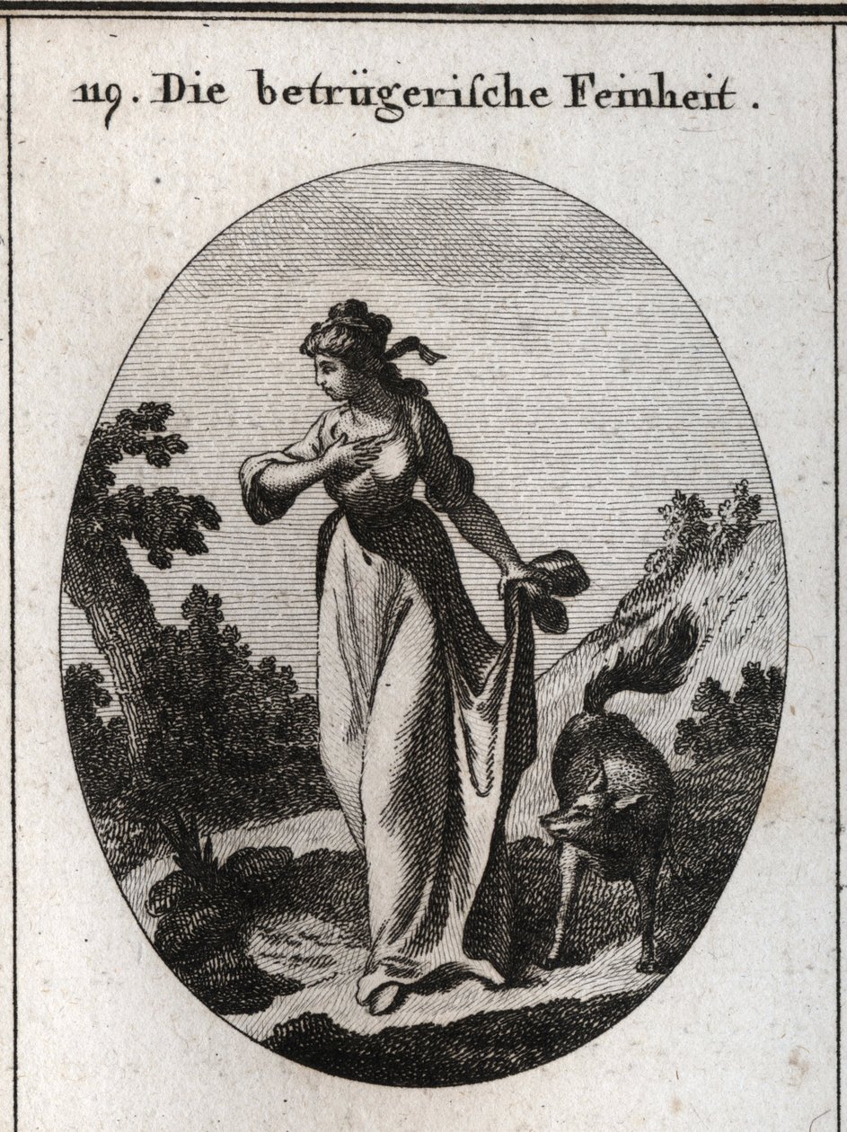 Alegoría de la astucia que tiende a engañar. Se la representa con una mano en el pecho y otra detrás sosteniendo un zorro, símbolo del engaño. Grabado en “Iconologie oder Ideen aus dem Gebiete der Leidenschaften und Allegorien bildich dargestellt” de Austrian School