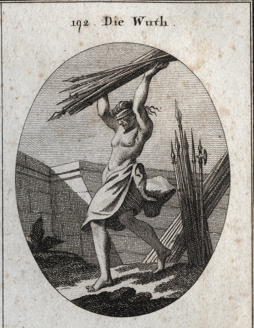 Alegoría de la furia. Con una venda en los ojos, lanza un haz de diferentes tipos de armas para marcar su triunfo en la guerra, masacres y peleas. Grabado en “Iconologie oder Ideen aus dem Gebiete der Leidenschaften und Allegorien bildich dargestellt fur Z de Austrian School