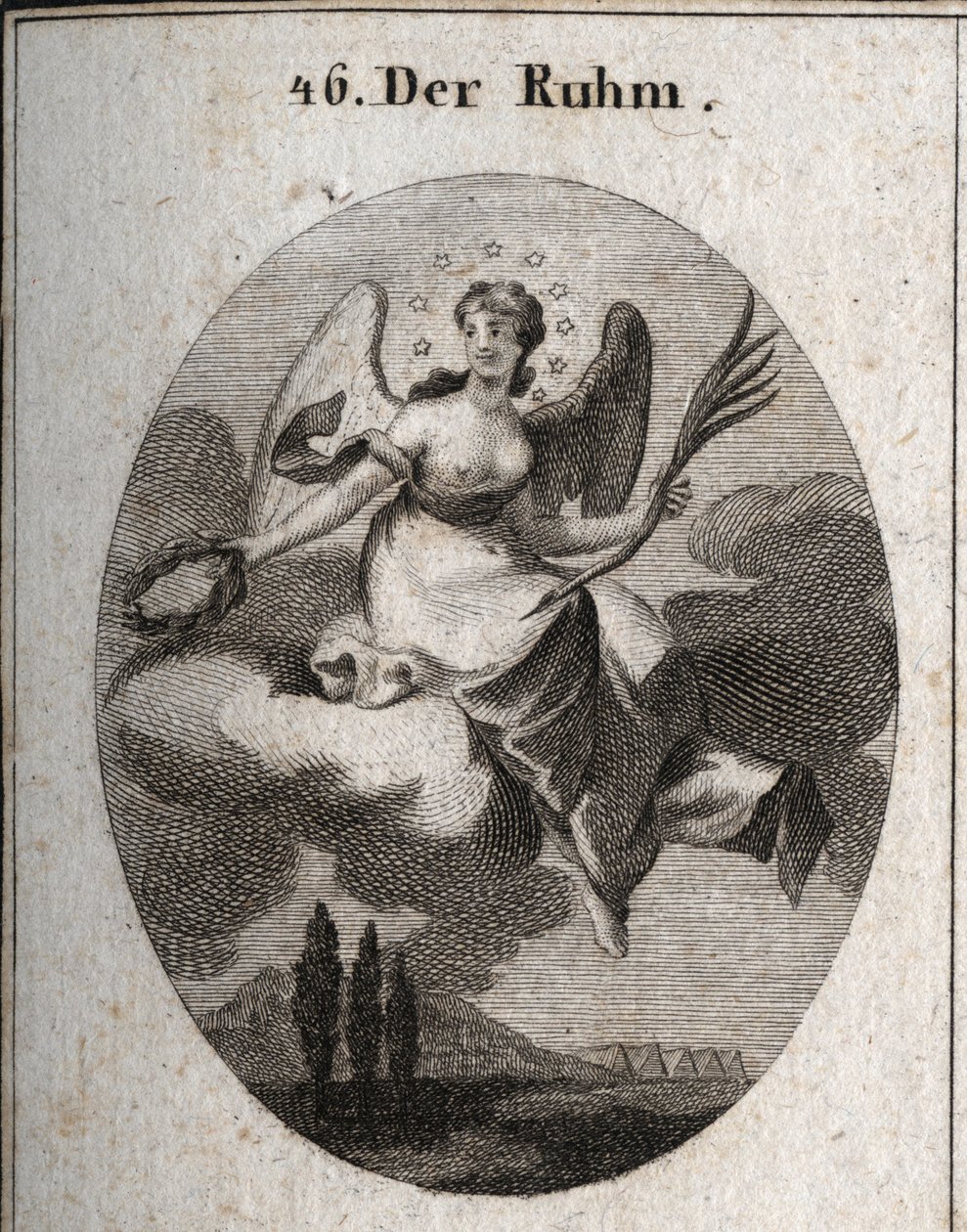 Alegoría de la gloria en una nube. Ella sostiene una palma y presenta coronas de laurel con las que recompensa a sus favoritos. Sus alas marcan su elevación. Grabado en “Iconologie oder Ideen aus dem Gebiete der Leidenschaften und Allegorien bildich darges de Austrian School