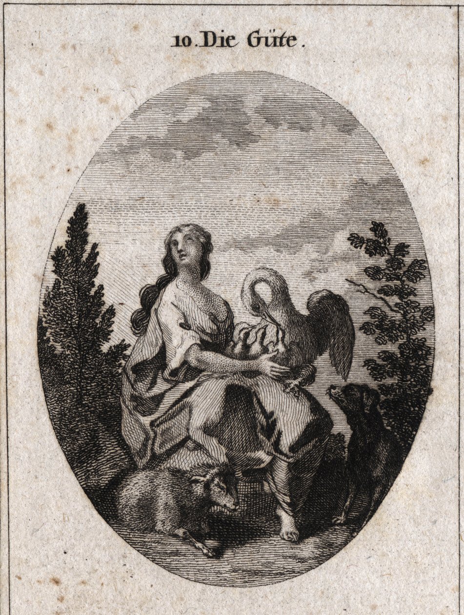 Alegoría de la bondad representada por una belleza noble y abundante mirando al cielo con amor. El pelícano simboliza la caridad, el perro la fidelidad y el cordero, la dulzura. Grabado en “Iconologie oder Ideen aus dem Gebiete der Leidenschaften und Alleg de Austrian School