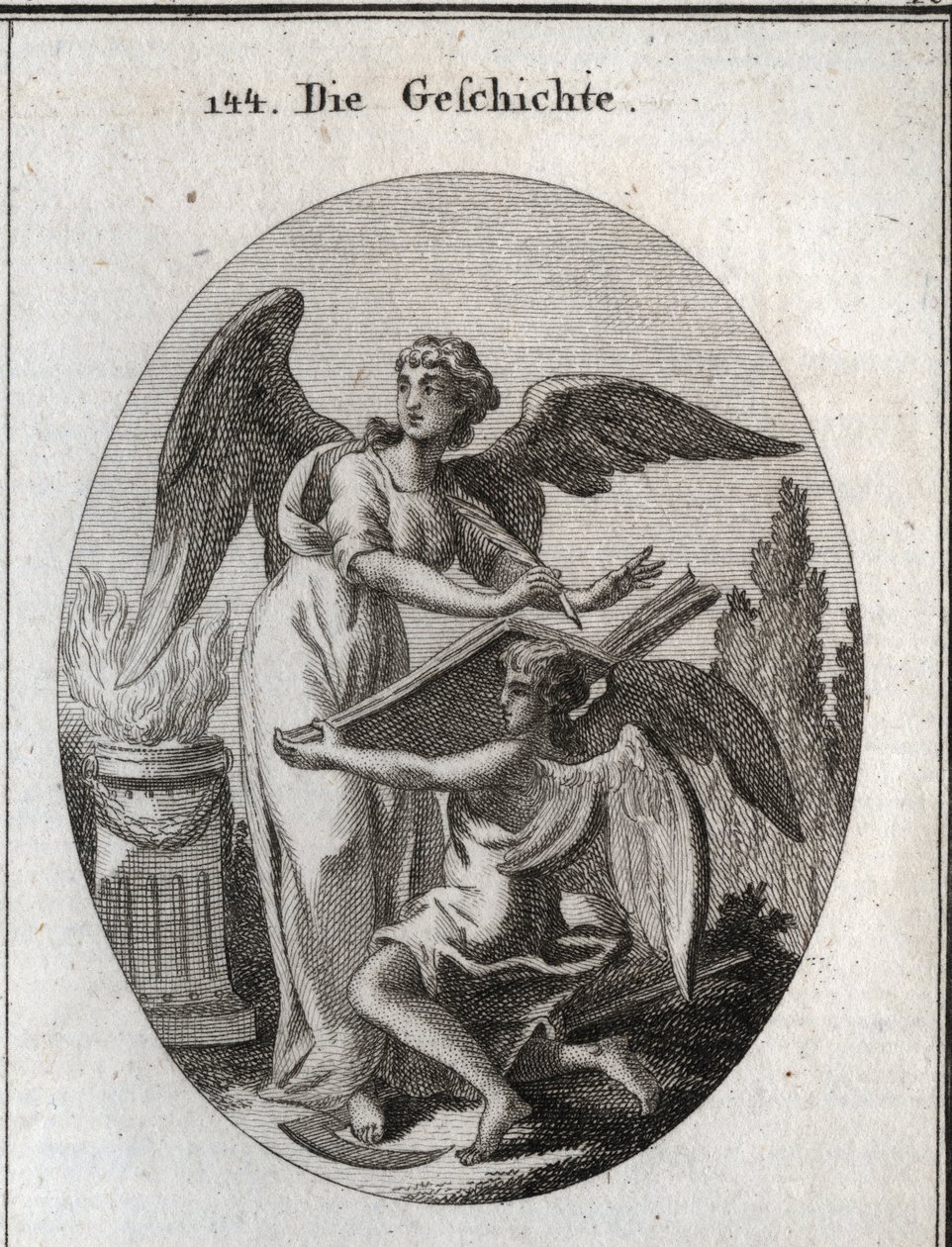 Alegoría de la historia. Sus acciones de escuchar y escribir en un gran libro sostenido por el tiempo significan la acción de informarse para retranscribir la memoria de cosas pasadas. Grabado en “Iconologie oder Ideen aus dem Gebiete der Leidenschaften un de Austrian School