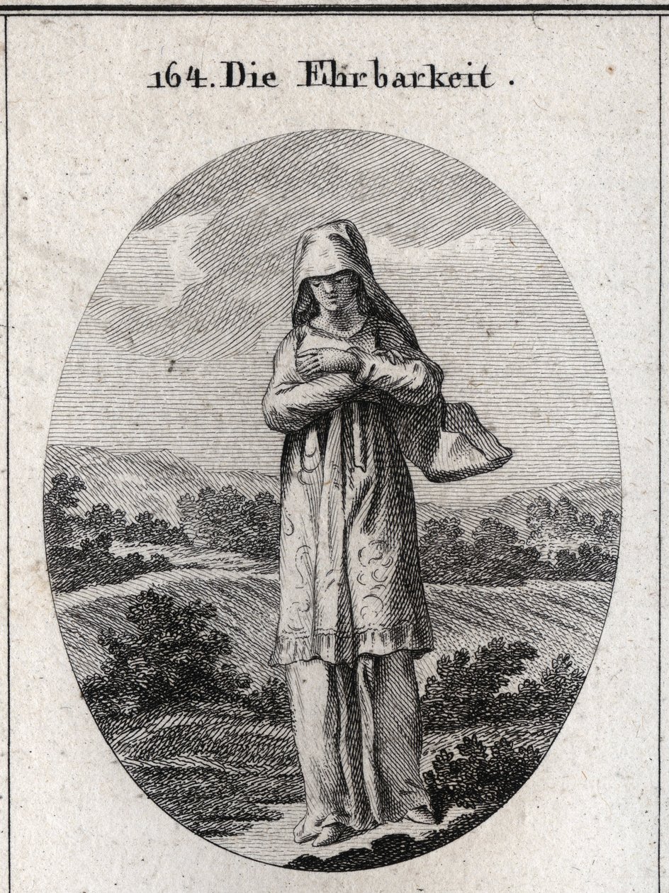 Alegoría de la honestidad. Sus ojos están cubiertos por un velo que oculta la mitad de su rostro porque los ojos son el espejo del alma y el primer sentido por el cual se corrompe. Grabado en “Iconologie oder Ideen aus dem Gebiete der Leidenschaften und Al de Austrian School