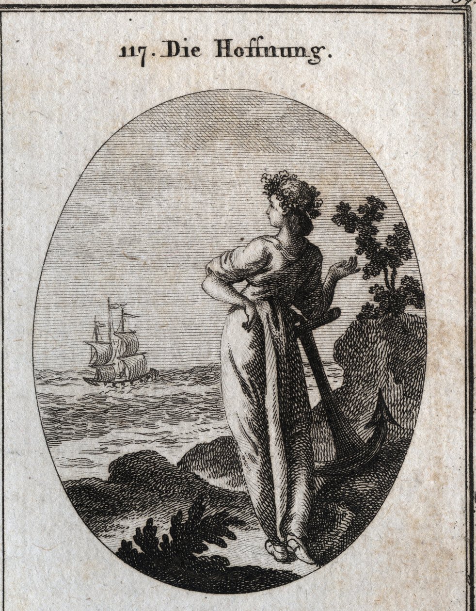 Alegoría de la esperanza descansando en un ancla y observando un barco en el horizonte. Grabado en "Iconologie oder Ideen aus dem Gebiete der Leidenschaften und Allegorien" de Austrian School