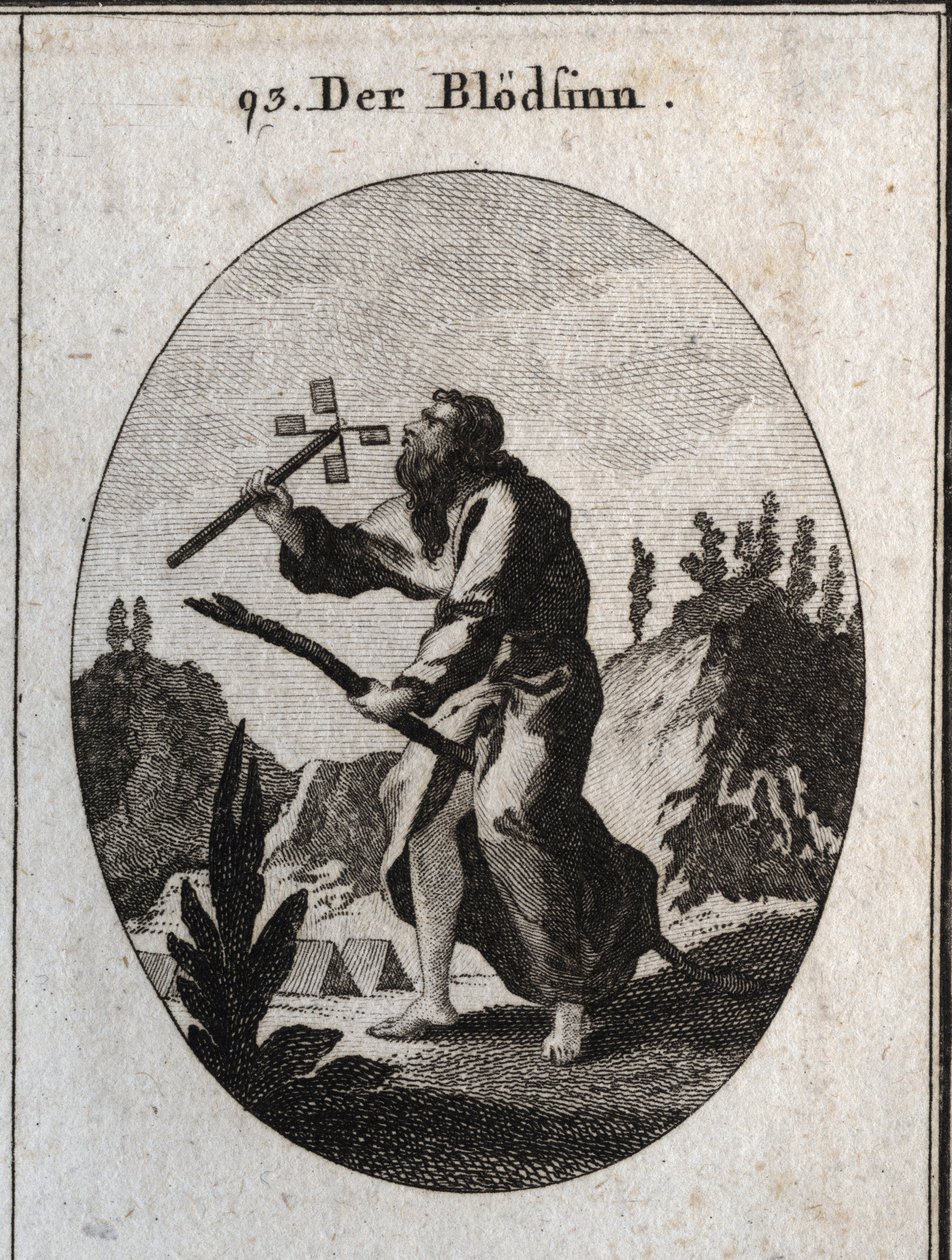 Alegoría de la imbecilidad o demencia representada por un anciano con una caña, atributo de fragilidad y vejez. Sostiene un molino de cartas que sopla para hacerlo girar. Grabado en “Iconologie oder Ideen aus dem Gebiete der Leidenschaften und Allegorien b de Austrian School