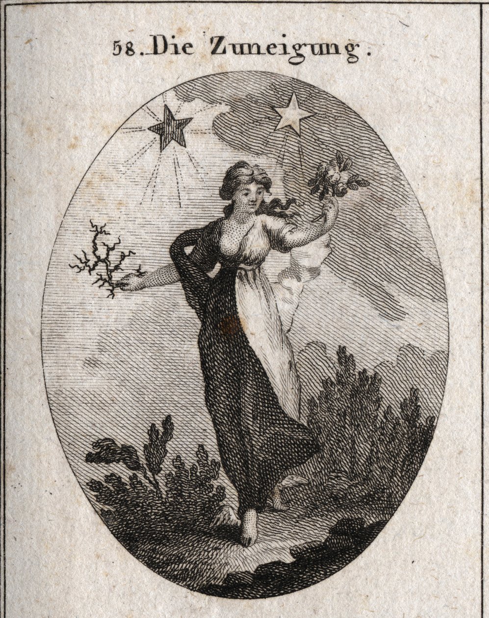 Alegoría de la inclinación. Sostiene un ramo de rosas y un ramo de espinas y parece indecisa en su elección. Detrás de ella hay una estrella brillante y beneficiosa (la de Júpiter) y una estrella oscura y dañina (la de Saturno). Grabado en “Iconologie oder de Austrian School