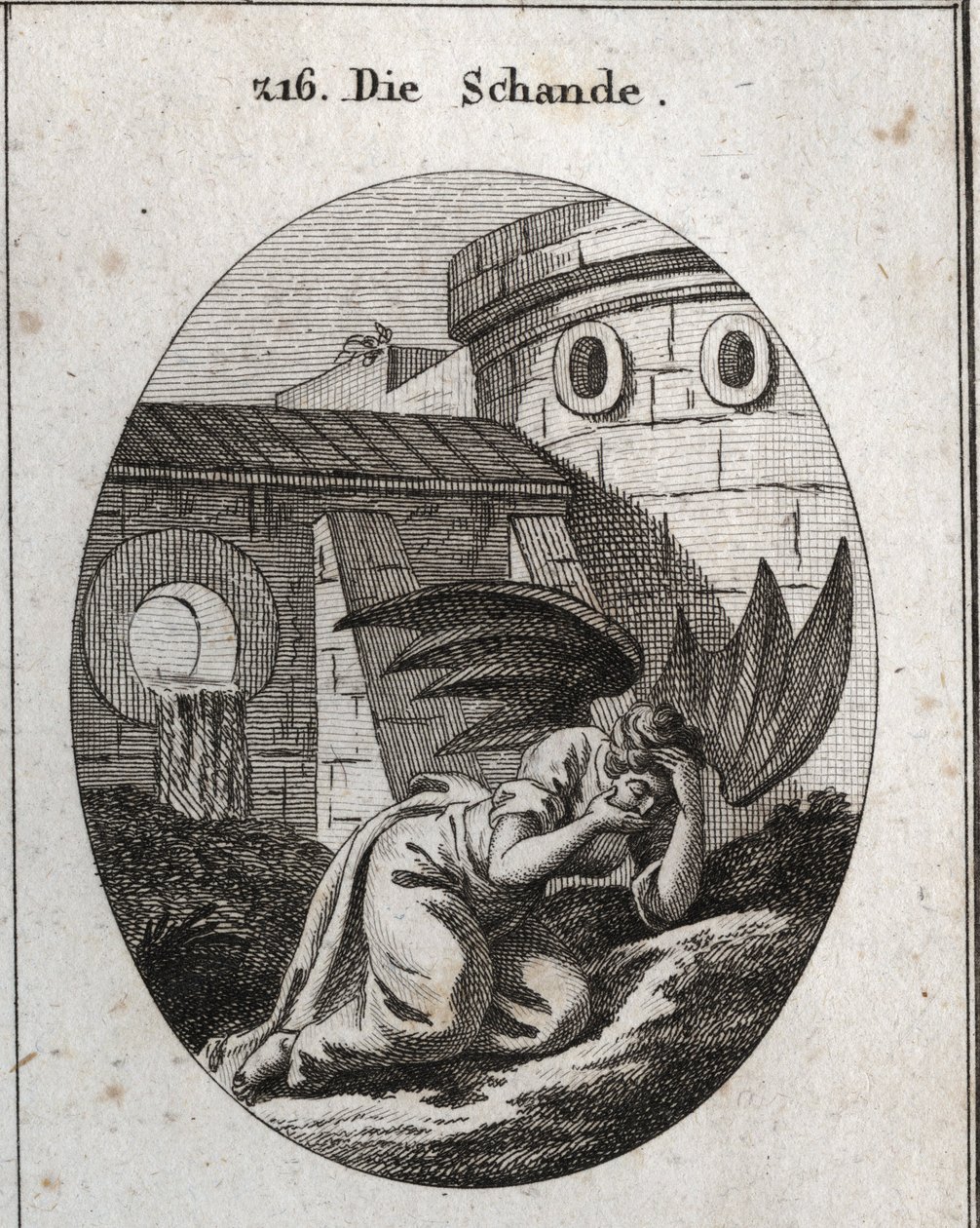 Alegoría de la infamia cubriéndose el rostro con las manos y sus atributos son dos grandes alas negras de murciélago. Grabado en “Iconologie oder Ideen aus dem Gebiete der Leidenschaften und Allegorien bildich dargestellt fur Zeichner, Mahler, Dichter, Gel de Austrian School